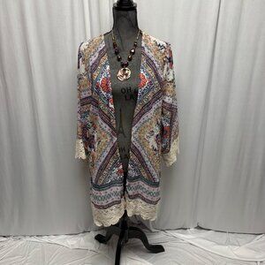 Rewind Floral Patchwork Open Front Kimono Cover Up Womens Sz XXL Lace Trim Boho